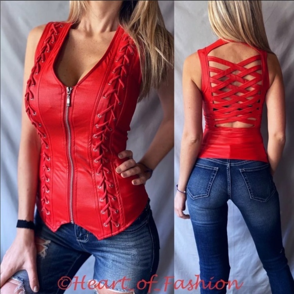 SEXY Faux Leather Zip Front Lace Up Strappy Fitted Vest Red
